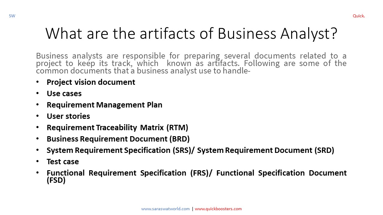 What are the Artifacts of Business Analyst?