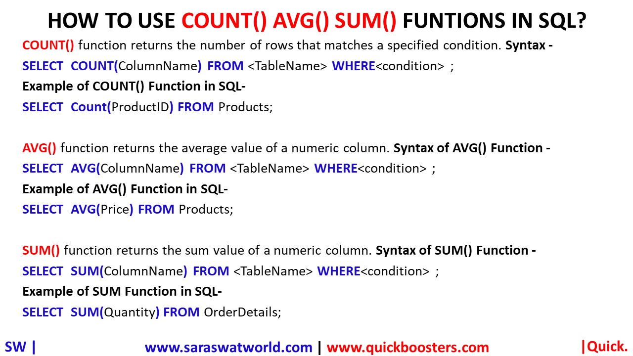 HOW TO USE COUNT() AVG() SUM() FUNTIONS IN SQL?